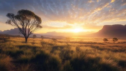 Golden hour savanna plain with acacia tree and distant mesas