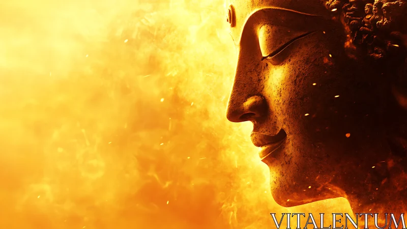 Side profile of Buddha statue amid yellow-orange light field.