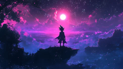 Celestial silhouette on violet nebula sea at lunar perigee.