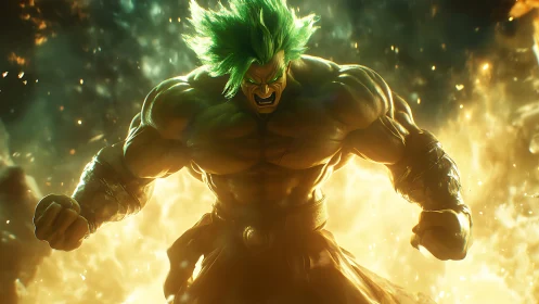 Emerald Fury Titan Roaring Through a Storm of Golden Fire.