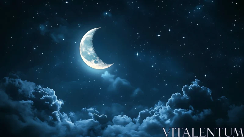 Crescent moon drifts like a silver boat through cloud tides