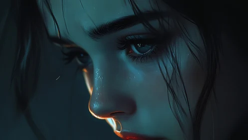 Moonlit sorrow glows along her rain-brightened skin