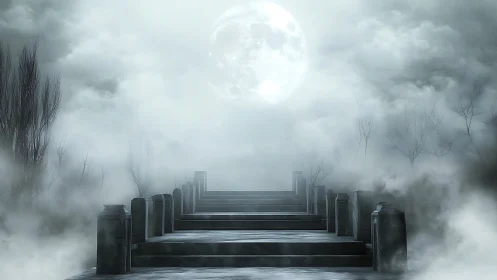 Foggy stone bridge under full moon in eerie gray landscape.