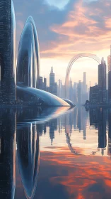 Futuristic Urban Waterfront with Parametric Architecture and Luminous Skyline at Dusk