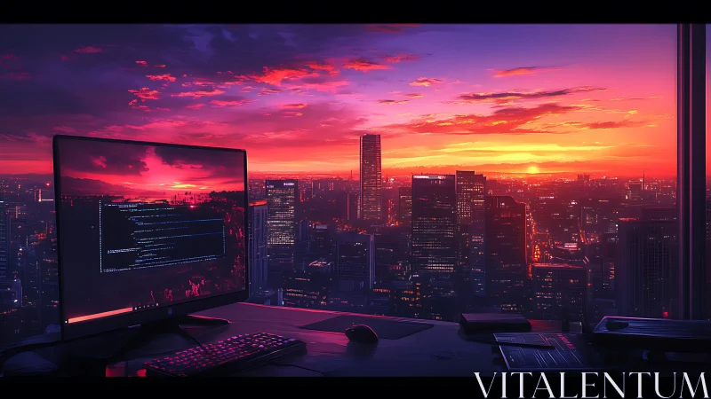 Sunset coder’s window over a glowing neon cityscape.