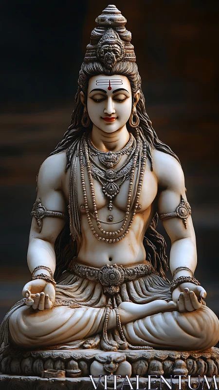 Serene meditative deity statue in ornate carved marble form.