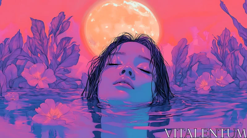 Luminous moonlit lagoon with neon-drenched serene bather.