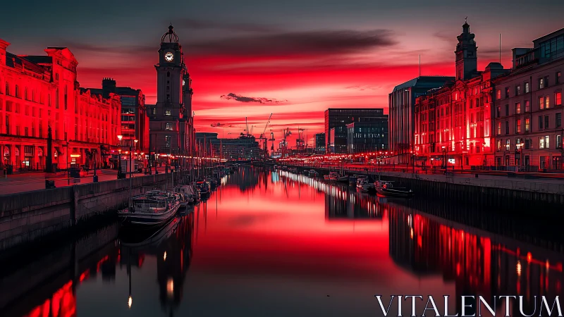 Urban canal at dusk with red illuminated waterfront buildings.