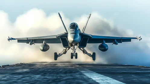 Carrier jet lifts off flight deck under dense exhaust cloud