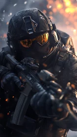 Armed tactical soldier in winter combat with rifle raised.