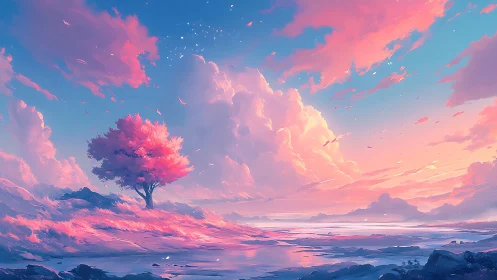 Dreamlike pink tree under vast glowing sunset clouds.
