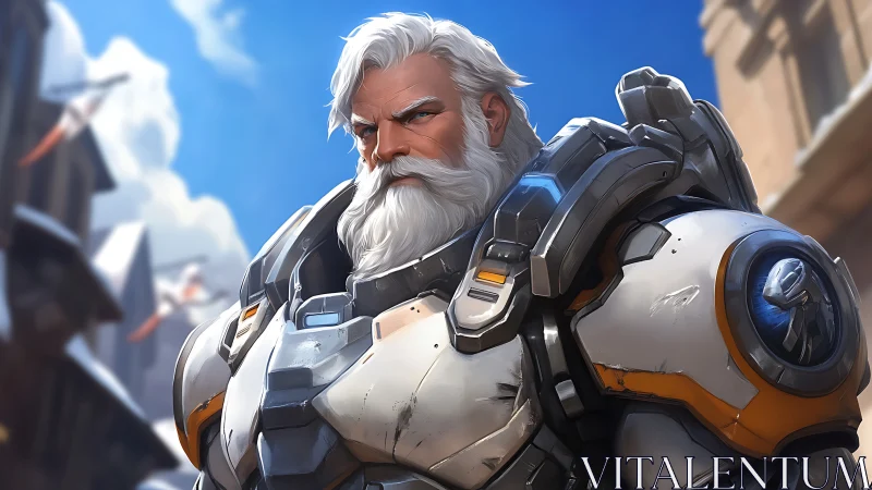Heavily armored veteran with white beard under hard daylight key