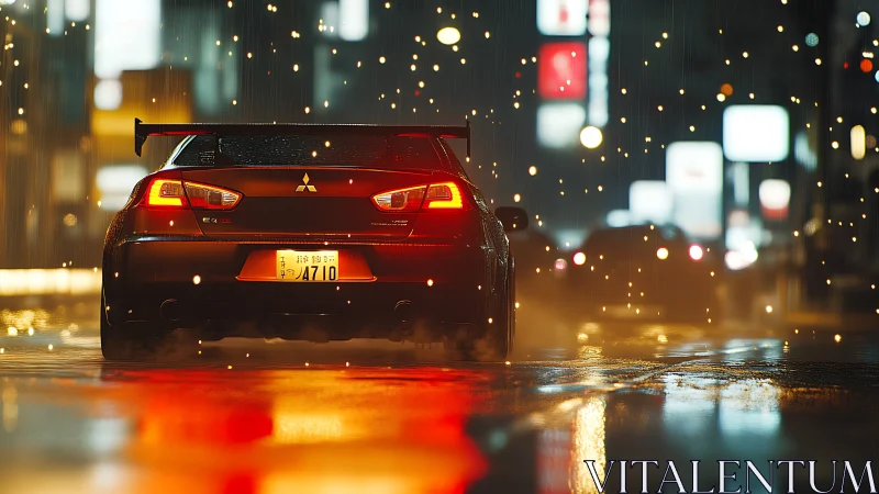 Tuned sports car in neon city rain with cinematic bokeh glow.