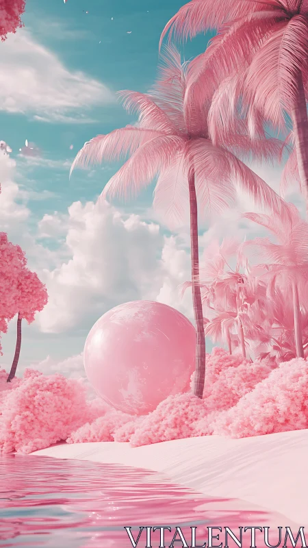 Monochromatic pink shoreline with palm trees and sphere.