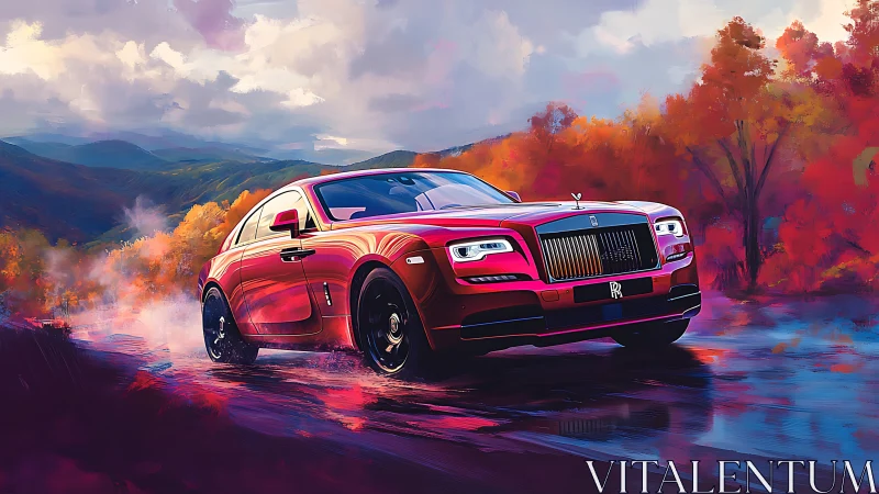 Red luxury coupe speeds through vivid autumn landscape
