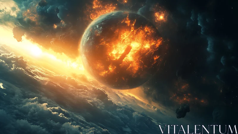 Shattered fiery planet over storm clouds in cosmic dusk.