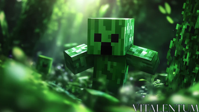 Curious pixel creeper wandering through a glowing forest.