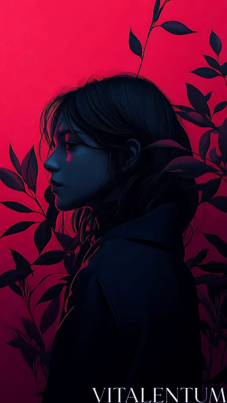 Melancholic girl in profile amid deep red botanical glow.