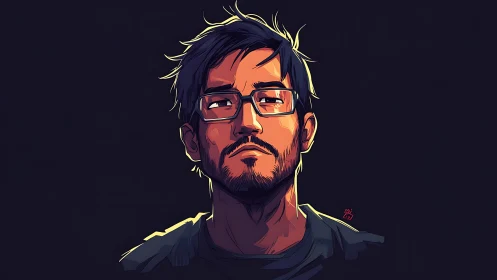 Stoic neon-lit thinker studies the darkness beyond frame