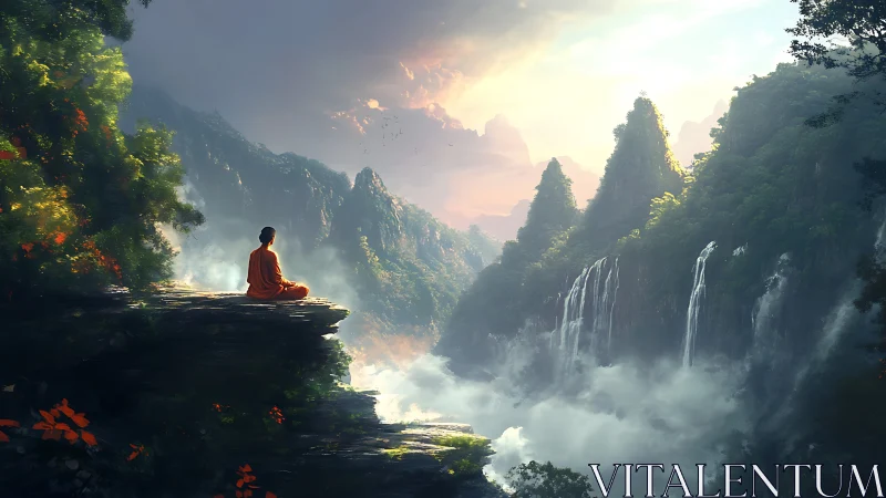 Monk meditates on cliff edge above misty waterfall valley