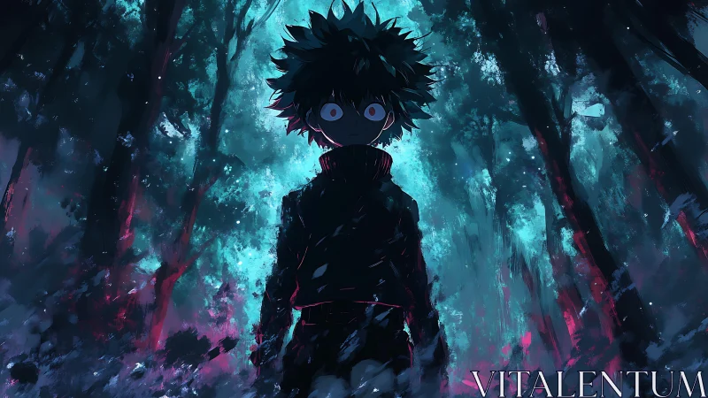 Mysterious child stands in a glowing, haunted midnight forest