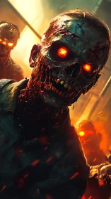 Flaming-eyed zombie horde lunges through burning corridor