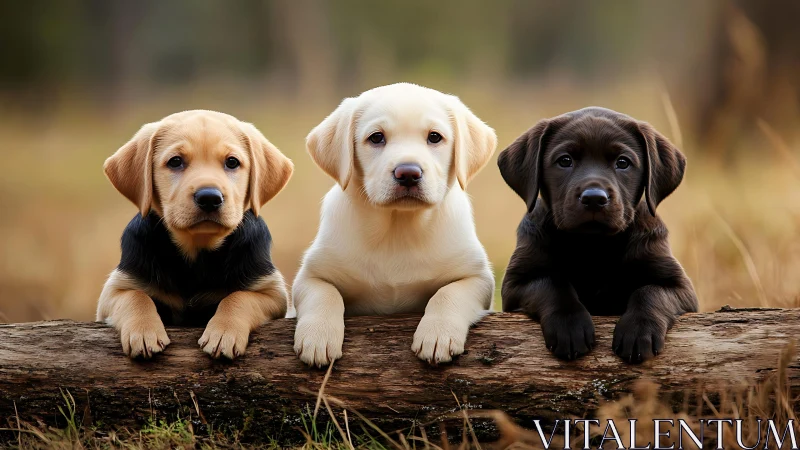 Three labrador puppies resting on log in outdoor setting.