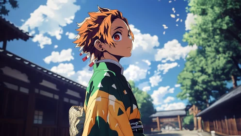 Red haired anime boy in patterned haori outdoors.