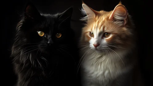 Black and Ginger Cats with Luminous Eyes Against Dark Background.