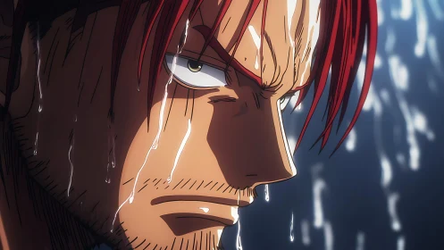 Intense red‑haired warrior profile under cascading rain.