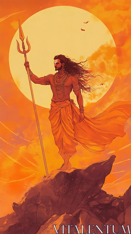 Sunlit warrior sage standing strong above glowing cliffs.