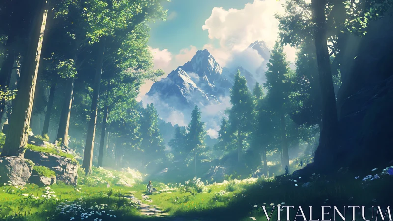 Alpine Valley Passage: Mountain Vista Through Verdant Forest Canopy.