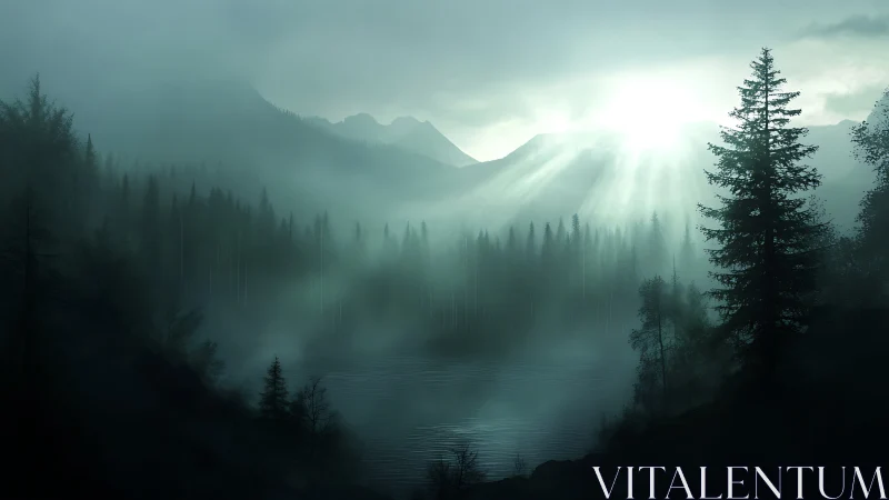 Fogbound mountain lake absorbs cold sunrise light