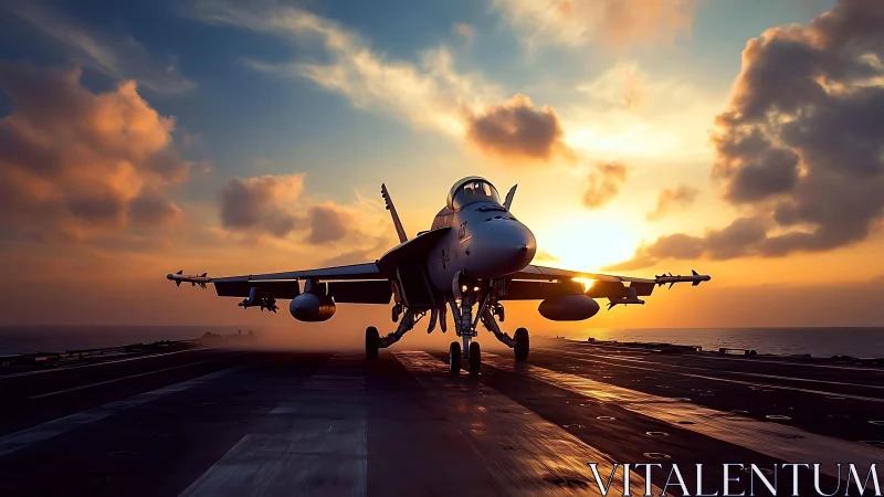 Carrier-based jet aircraft on deck at low sun angle period.