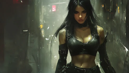 Cyberpunk alley vigilante in tactical armor under neon rain