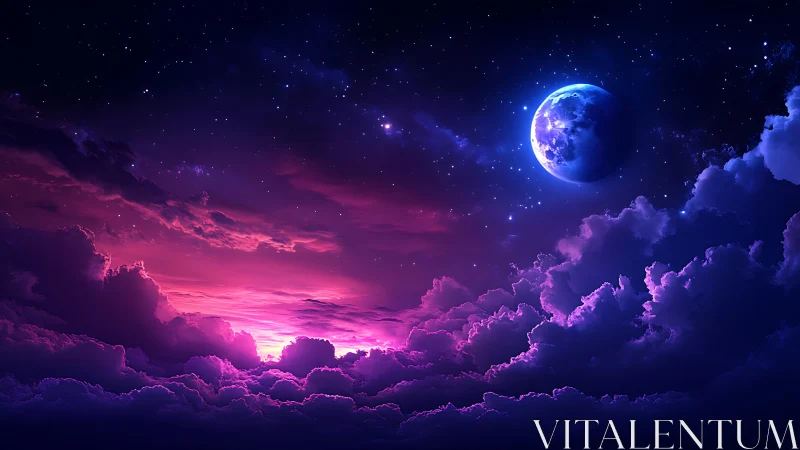 Vibrant cosmic sky with glowing moon above neon clouds.