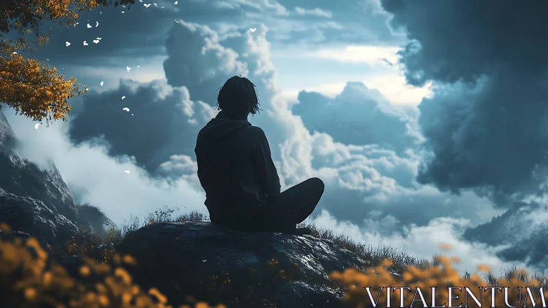 Solitary figure overlooking turbulent cloudscape at twilight