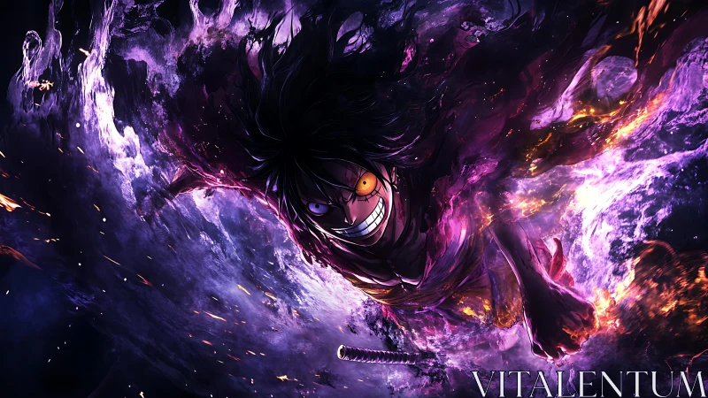 Dynamic anime figure within swirling purple energy field.