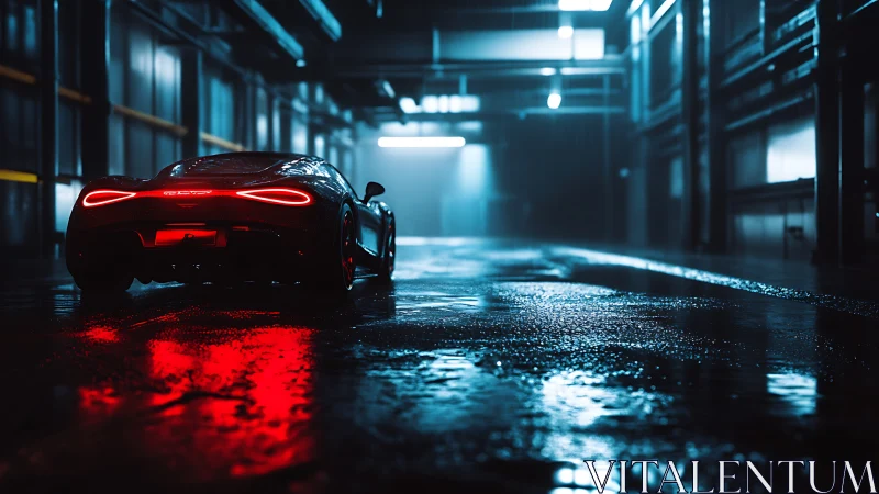 Rear view of sports car in wet industrial garage at night.