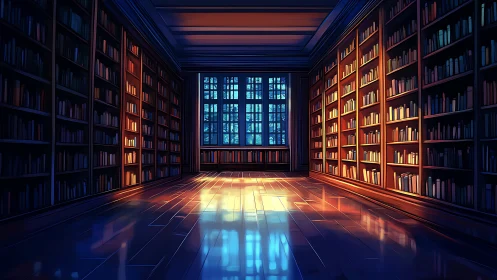 Large library interior with bookshelves and central window.