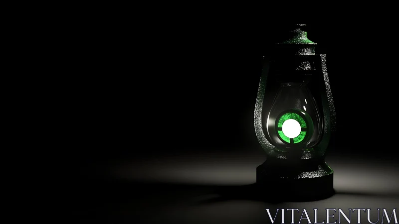 3D-rendered metal lantern with central green light source