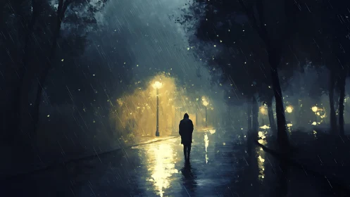 Solitary figure crossing rain-slicked park boulevard at night.