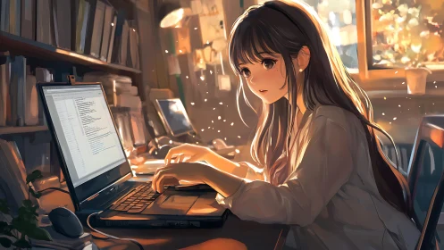 Anime programmer codes at dual laptops under warm rim lighting