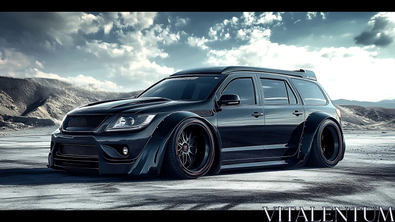 Widebody black wagon dominates a stark desert highway scene.
