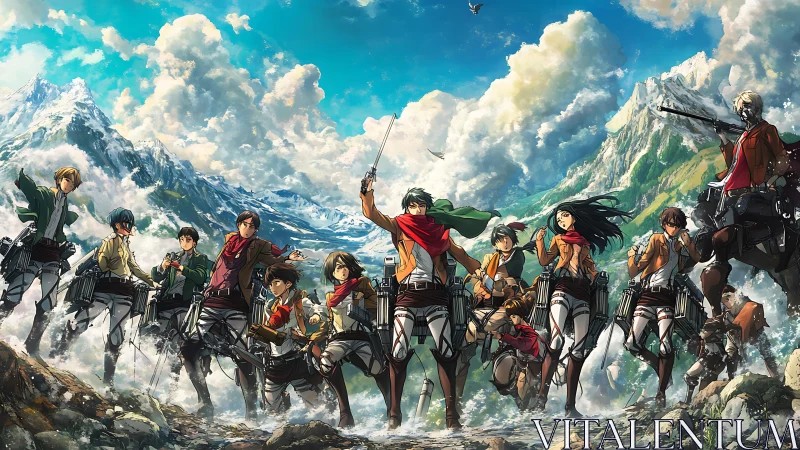 Tactical anime squad advances with 3D gear in alpine river valley