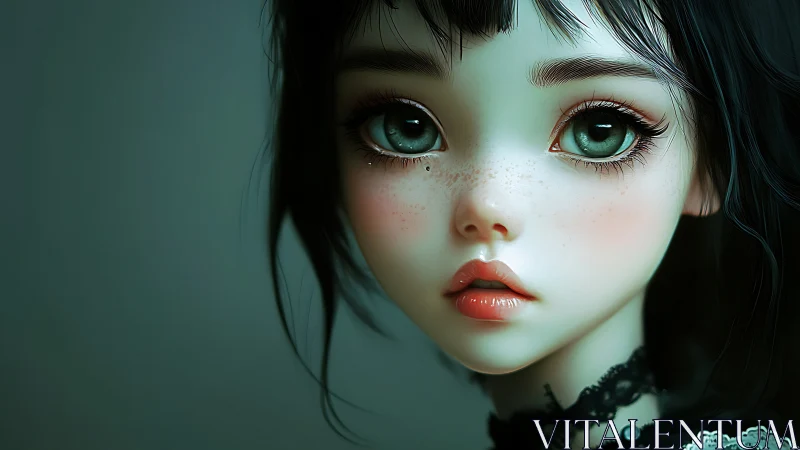 Melancholic green eyed girl portrait in soft digital art.