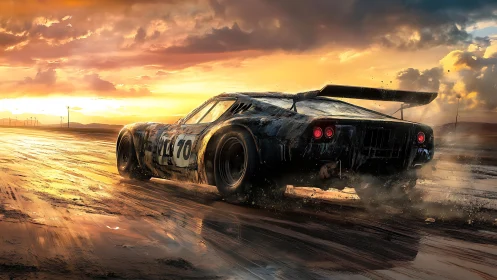 Dynamic racing car in cinematic sunset digital painting.