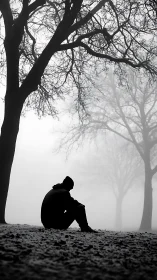 Solitary silhouette brooding beneath winter&rsquo;s quiet trees.