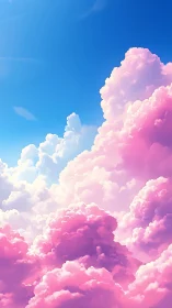 Softly illuminated pink cumulus clouds rise into clear sky