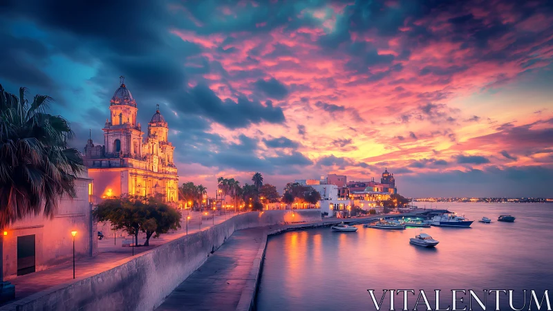 Harbor lights flirt with a neon sunset over the old cathedral